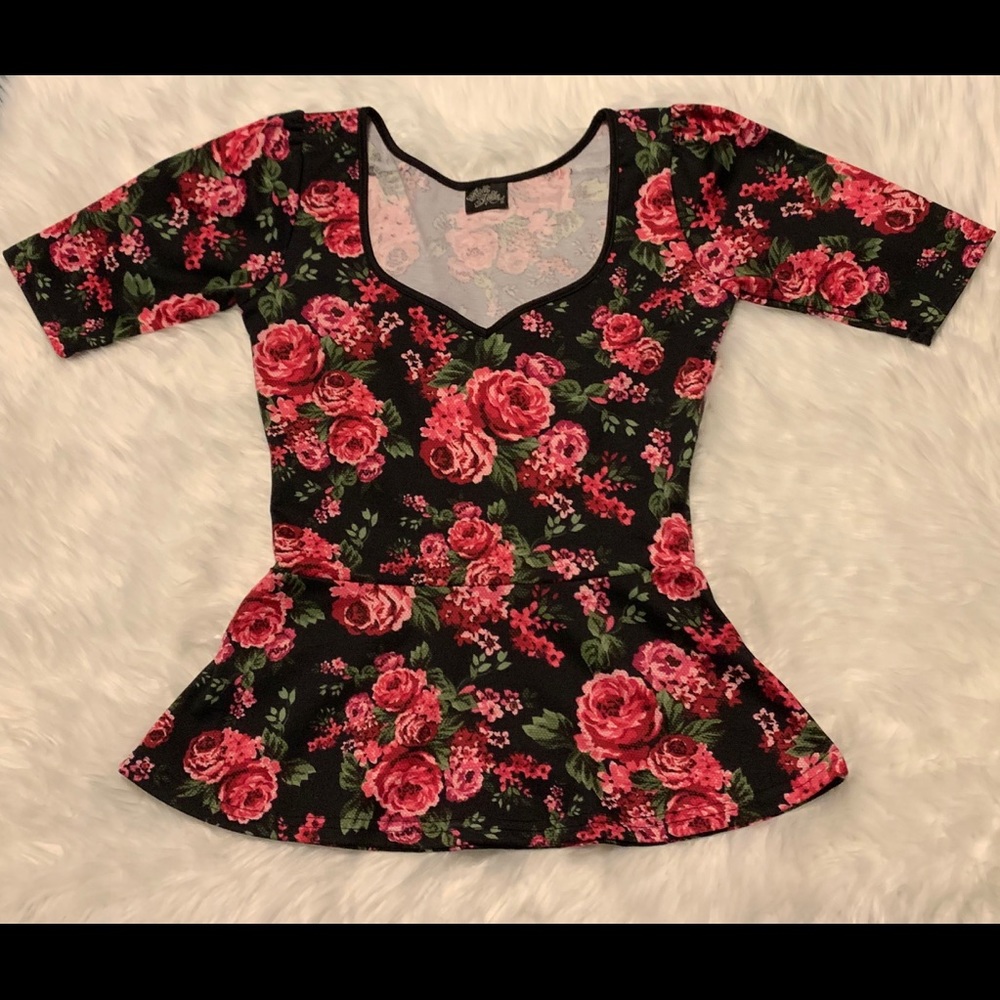 RockSteady Cross Stitch Print Roses Peplum Top M